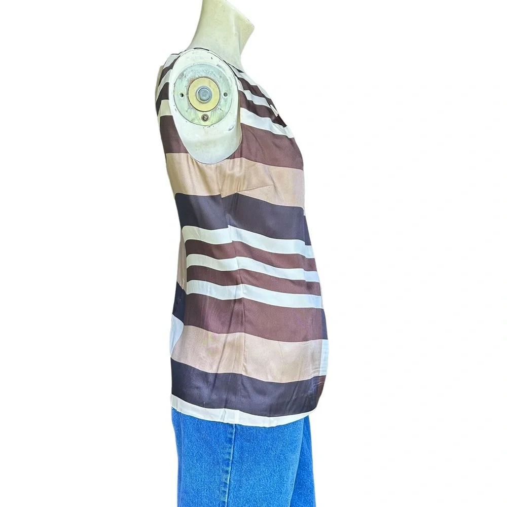 Tory Burch High Neck Neutral Striped Checkered Pleated 100% Silk Modest Size 6